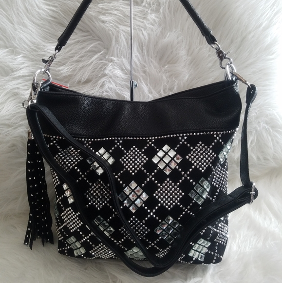 BLACK RHINESTONE BLOCK DESIGN HOBO BAG - Picture 3 of 6